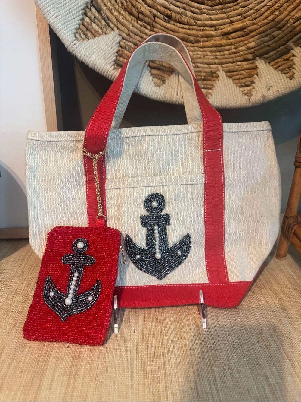 NWT Viral Beaded Anchor Canvas Mini Tote Bag & Pouch Set - Red Nautical